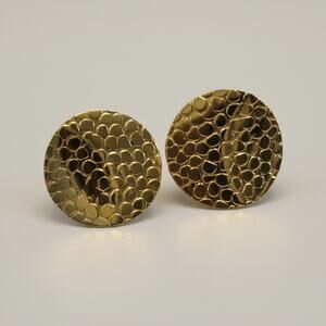 Vintage Gold Tone Textured Disc Stud Earrings Hammered Honeycomb Design Pairs